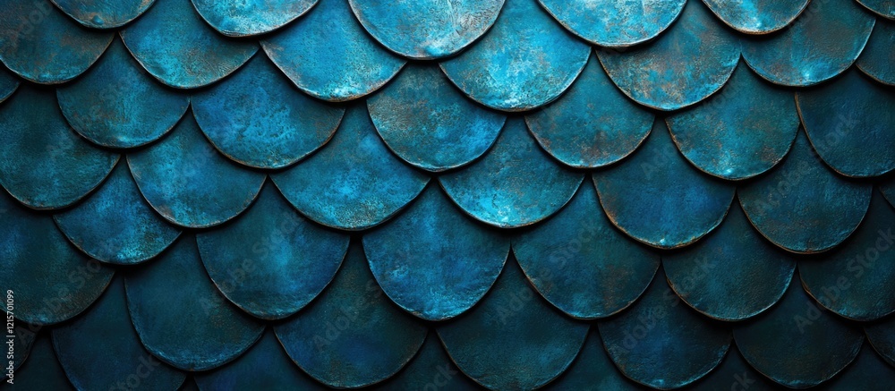 Poster textured blue metallic scales background with overlapping circular shapes and subtle patina, ideal f