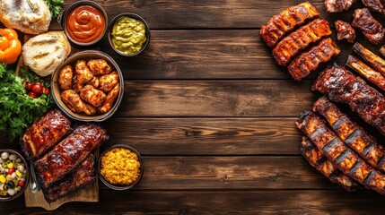 Barbecue feast display with various meats, sauces, and side dishes on rustic wooden background with copy space