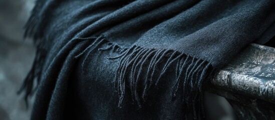 Soft black wool blanket with fringed edges draped over a textured surface showcasing copy space for text placement