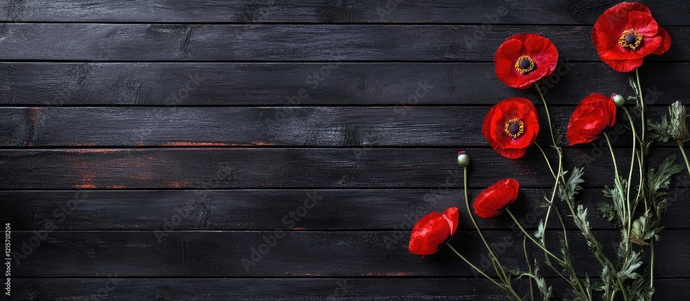 Poster red poppy flowers arranged on a dark wooden background with ample copy space for text insertion.