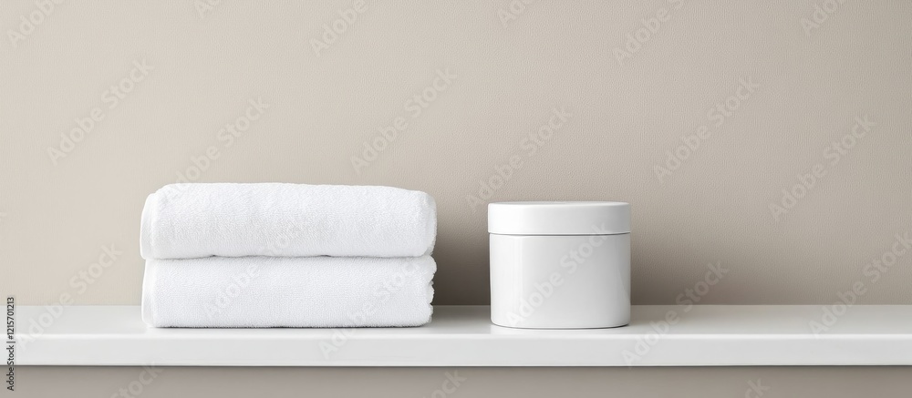 Poster white towels and a round white container on a simple shelf against a neutral wall with copy space fo