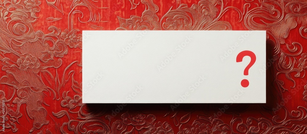 Poster blank rectangular card on ornate red background with question mark and copy space for text placement