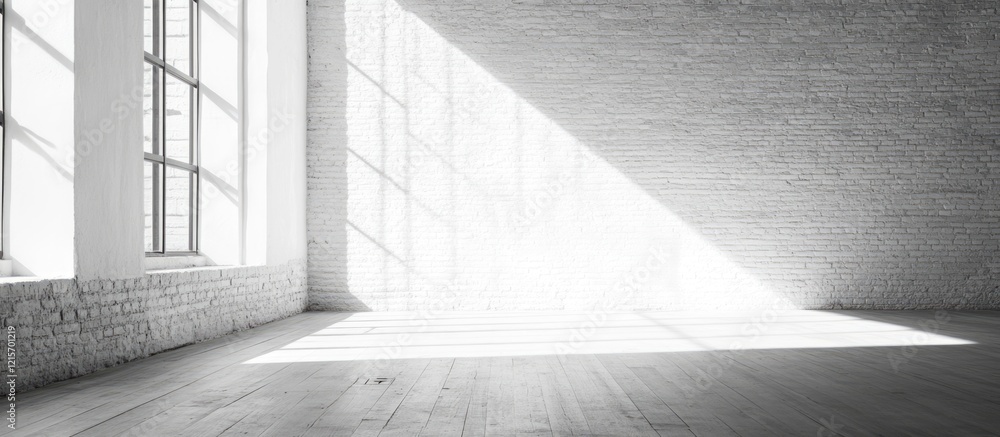 Poster bright empty room with large windows casting shadows on wooden floor and brick walls copy space
