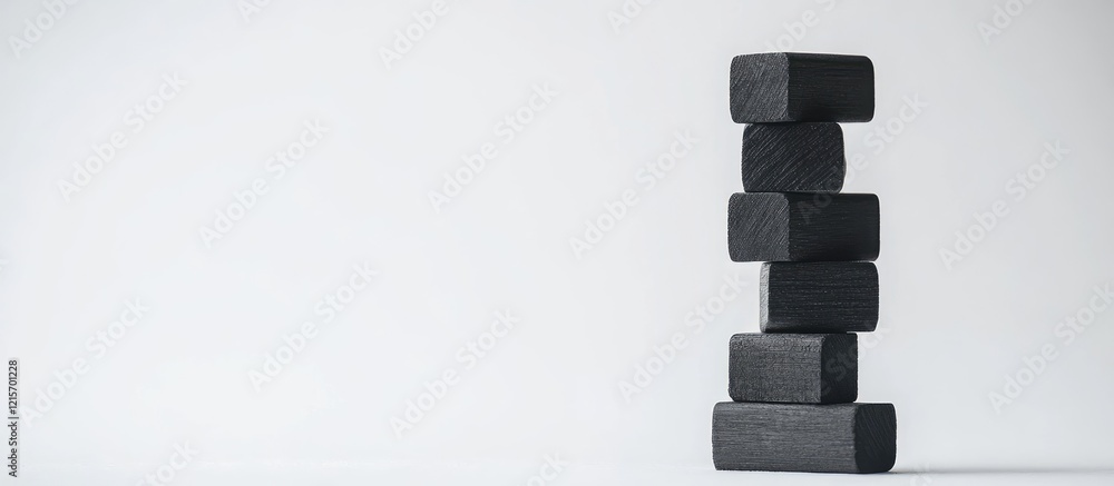 Poster stacked black wooden blocks on a white background with ample copy space for text placement.