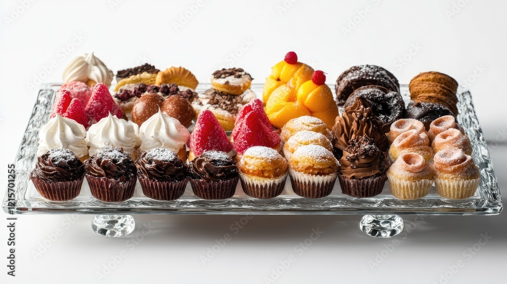 Poster assorted gourmet cupcakes and pastries displayed on a crystal platter with copy space for text place