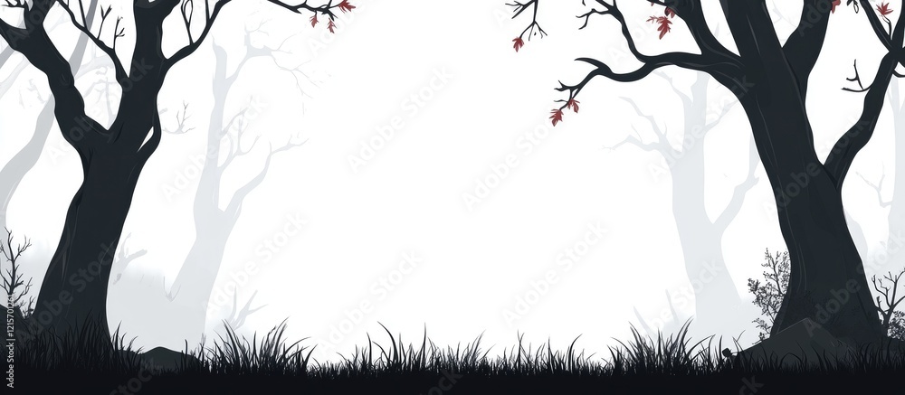 Aufkleber black silhouette of leafless trees in a foggy forest with grass and ample copy space for text placem