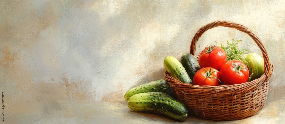 Aufkleber vegetable basket with fresh tomatoes and cucumbers on a textured background with copy space