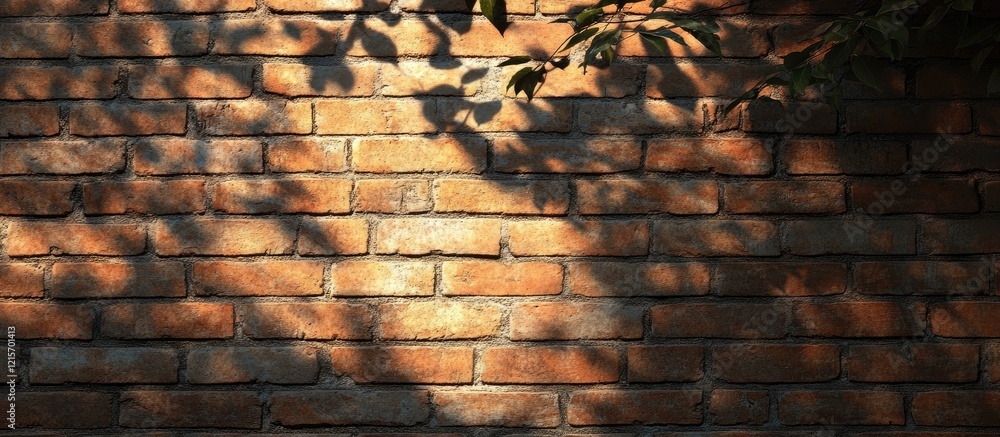 Poster brick wall texture with natural shadows from foliage creating patterns on the surface copy space