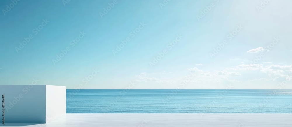 Poster minimalistic seascape featuring a clear blue sky and calm ocean with geometric white structure and c