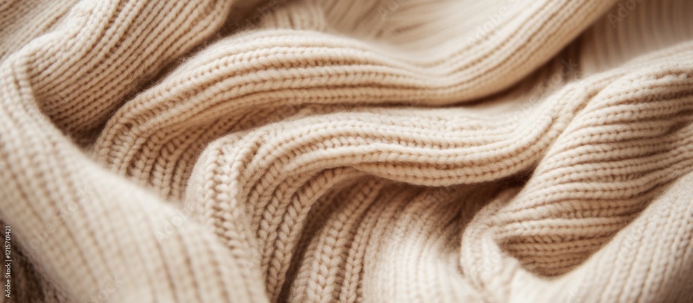 Poster beige knitted fabric texture close up with soft folds and copy space for text