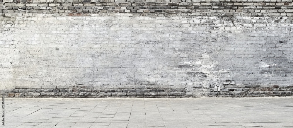 Poster gray brick wall with cracked texture and empty space for text in urban setting, suitable for backgro