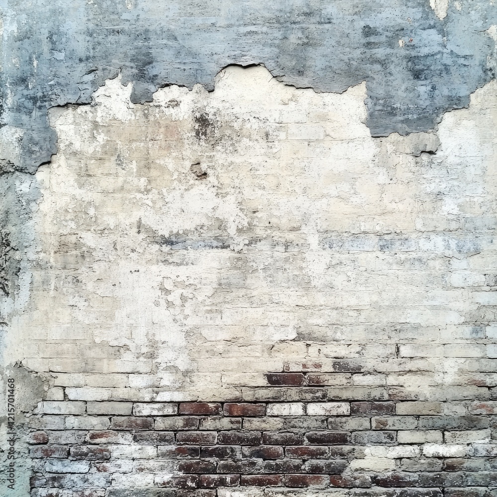 Poster weathered brick wall with peeling paint and textured surface in neutral tones suitable for backgroun
