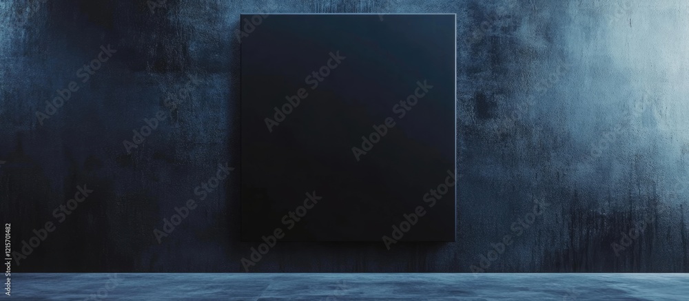 Poster abstract black canvas on a dark textured wall in an empty gallery space with copy space for text or 