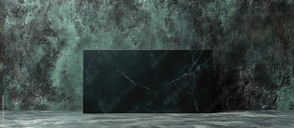 Aufkleber dark green marble slab on textured stone background with copy space for text placement.