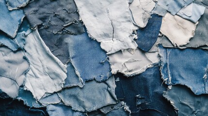 Abstract textile background of various blue and gray denim fabric pieces arranged in a patchwork pattern Copy Space