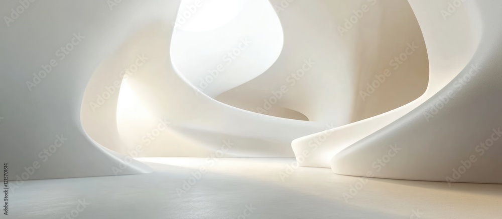 Poster abstract architectural interior with smooth white curves and soft lighting creating a futuristic env