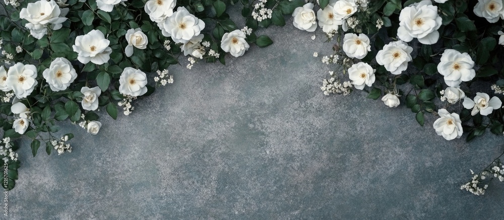 Poster white roses on a textured gray background with ample copy space for text placement