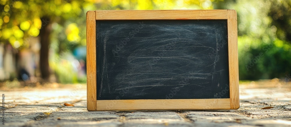 Poster chalkboard on cobblestone path surrounded by greenery copy space for text placement