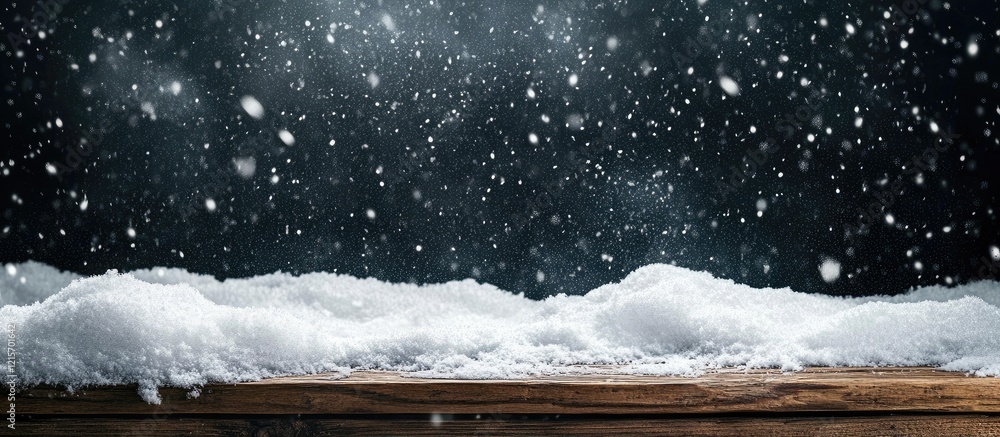 Poster snowfall on wooden surface with dark background and copy space for text