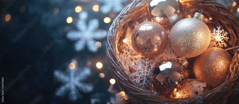 Poster christmas ornaments in a decorative nest with snowflakes and bokeh lights on a dark background with 