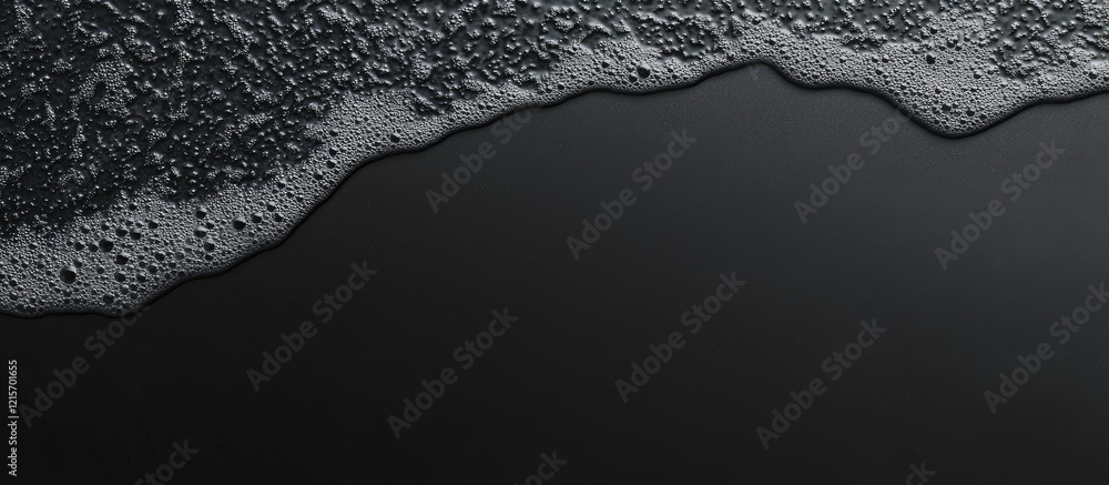 Poster black surface with foam and bubbles on top, abstract dark texture with copy space for designs or tex