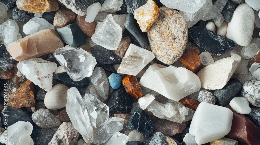 Poster assorted collection of colorful gemstones and minerals on a surface with copy space for text placeme
