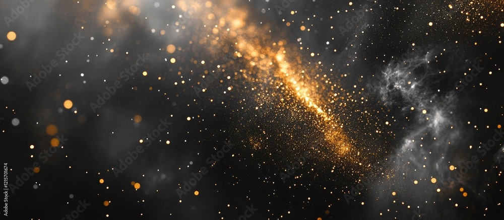 Poster cosmic explosion in space with golden particles and dark nebulae on a starry background copy space