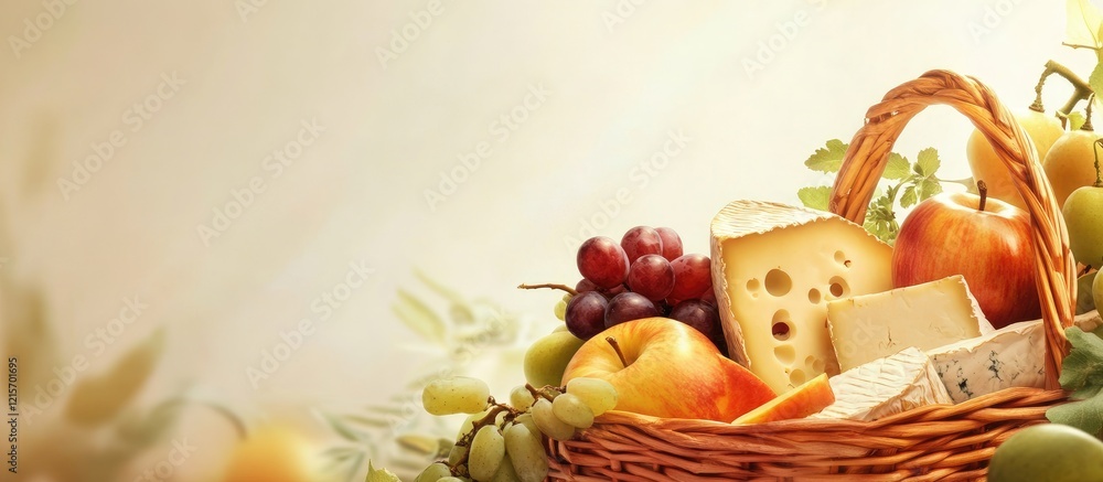 Poster basket filled with assorted fruits and cheese on a light background with copy space for text placeme