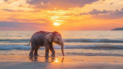 Young elephant walking along the shoreline at sunset with vibrant colors reflecting on the water Copy Space