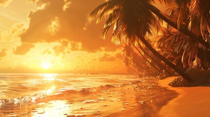 The setting sun casts a golden glow over the beach, palm trees, and ocean. The waves are gently lapping at the shore. The sand is warm and inviting.