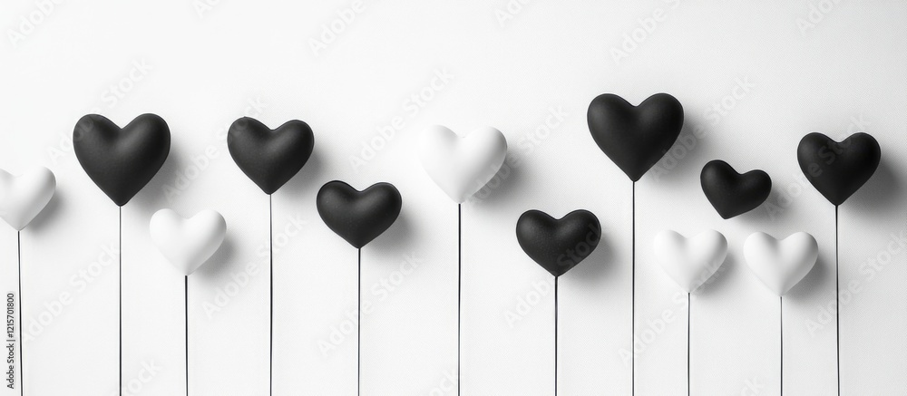 Poster black and white hearts on sticks arranged in a row on a plain background with copy space available f