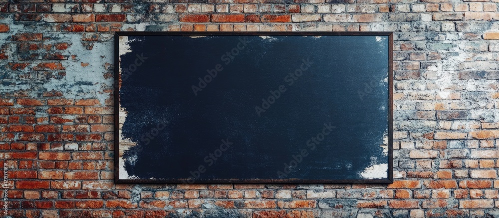 Poster rustic brick wall background with empty chalkboard framed, textured surface, suitable for adding tex