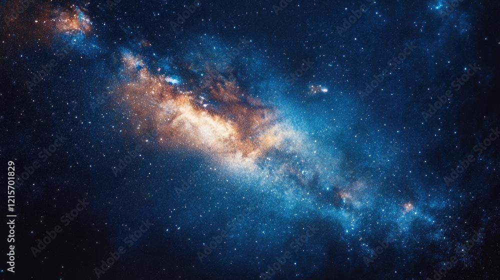 Poster galaxy in deep space with bright stars and colorful nebula copy space