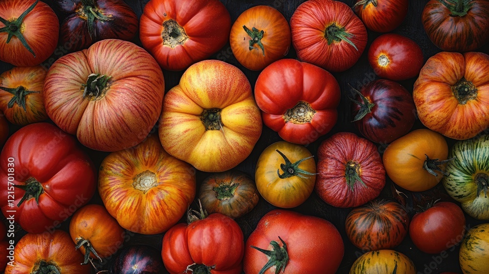 Poster colorful assortment of heirloom tomatoes on a dark background with copy space for text placement.