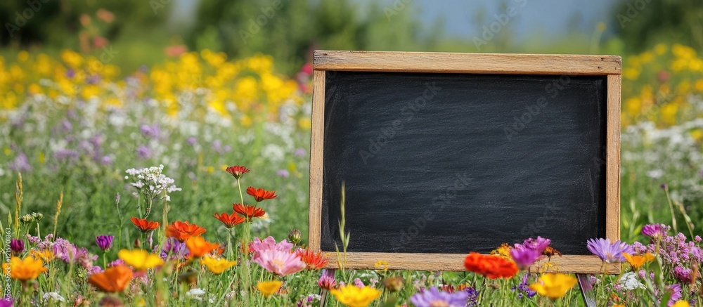 Poster wooden chalkboard in a colorful wildflower field with copy space for text or graphics.