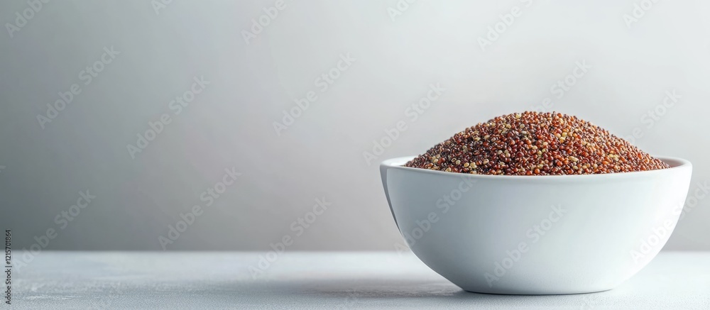 Poster bowl of quinoa on a white surface with neutral background and copy space for text