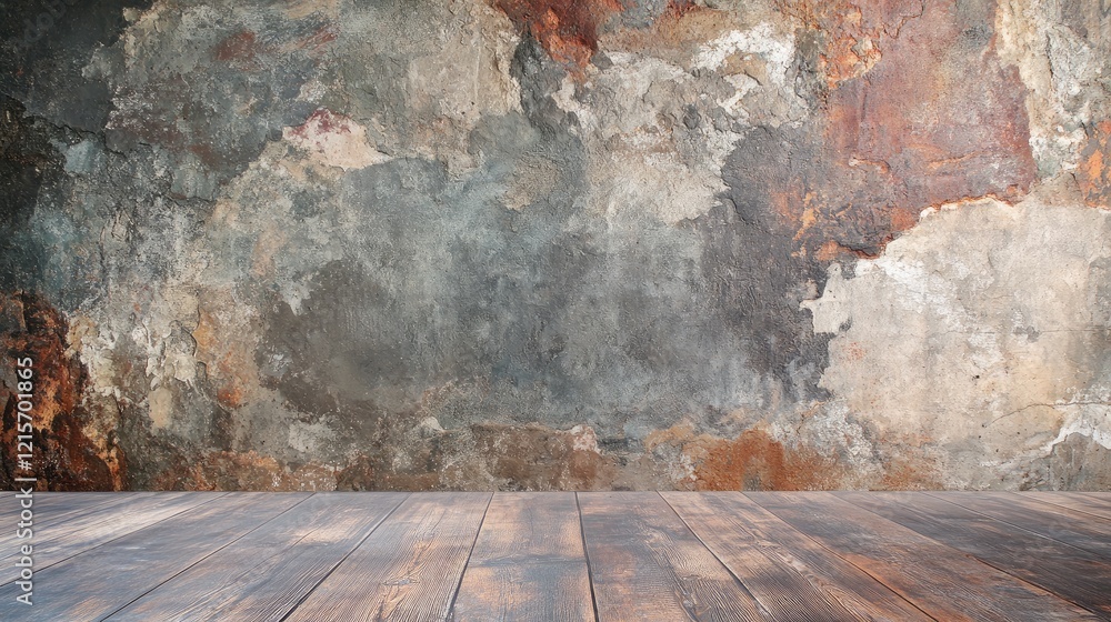 Poster textured grunge wall with wooden floor and ample copy space for insertion of text or graphics