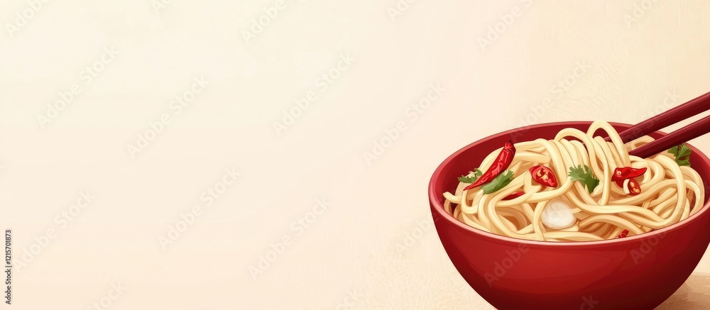 Poster red bowl of noodles with chopsticks on a light background featuring vegetables and herbs with copy s