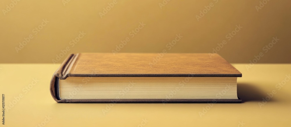 Poster closed hardcover book with a textured brown cover positioned on a soft yellow background with copy s