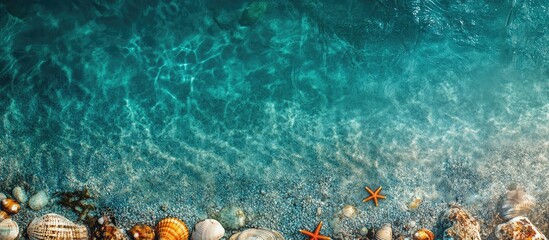 Naklejka premium Aerial view of clear turquoise water with pebbles and starfish on a sandy beach Copy Space