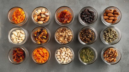 Assorted Nuts and Dried Fruits in Glass Jars on Grey Background with Copy Space