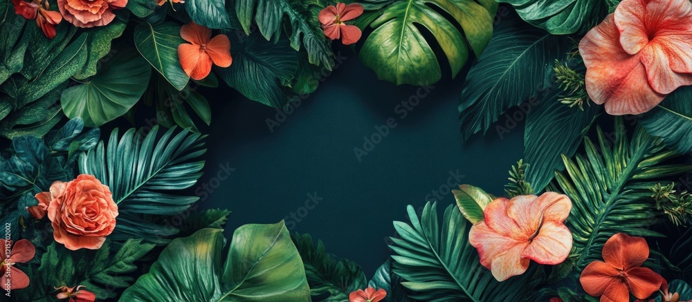 Poster tropical leaves and flowers frame with dark background and copy space for text insertion