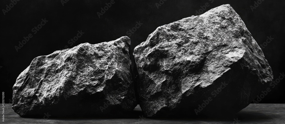 Poster monochrome close-up of two textured rocks on a black background with copy space for text placement