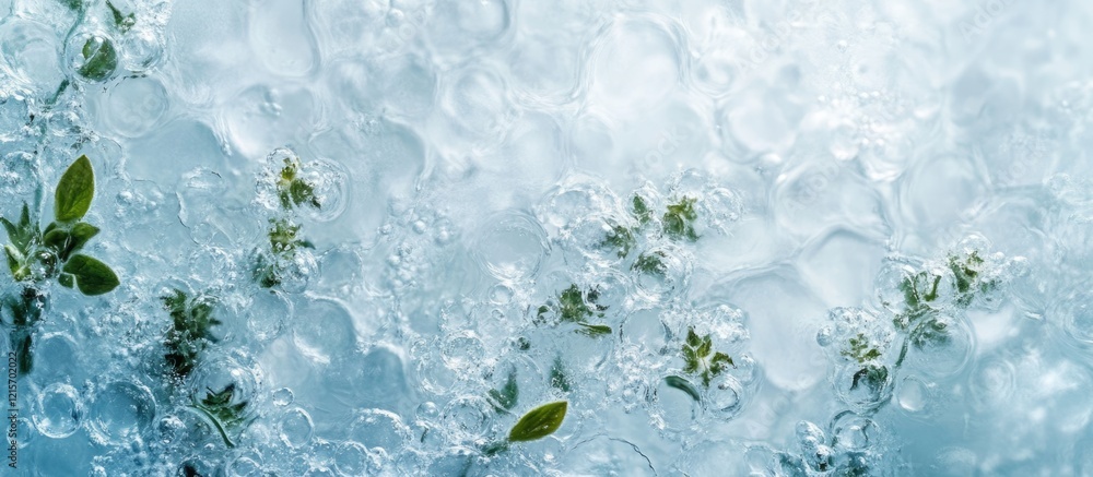 Poster water with green leaves and bubbles creating a refreshing natural background with copy space for tex