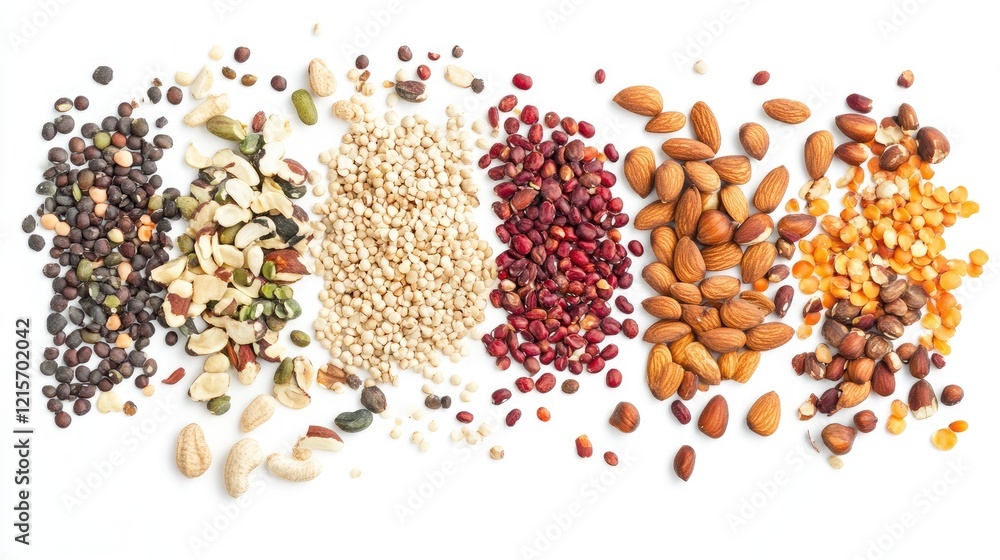 Poster Assorted nuts and seeds arranged in horizontal lines on white background with copy space for text