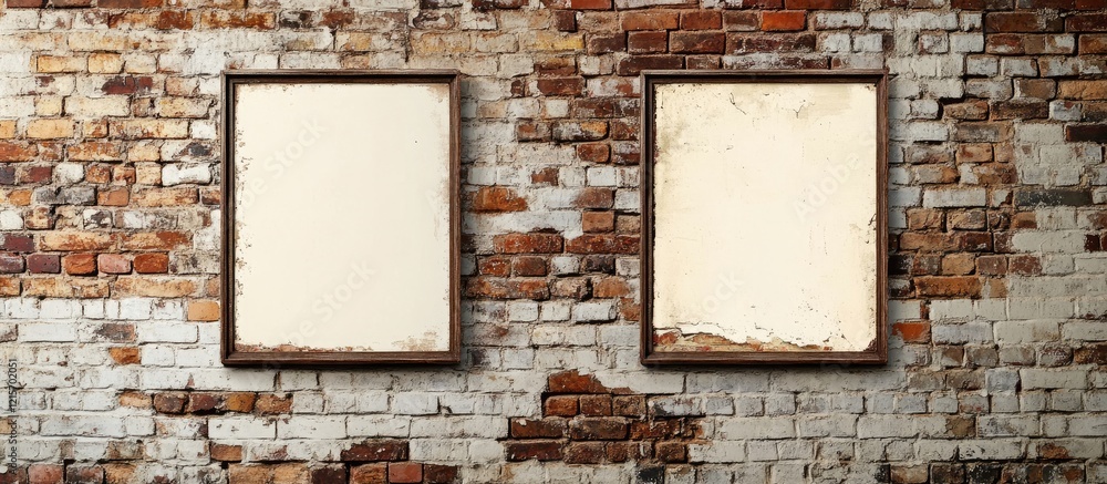 Poster empty vintage photo frames on a rustic brick wall with rough texture and copy space for text or imag