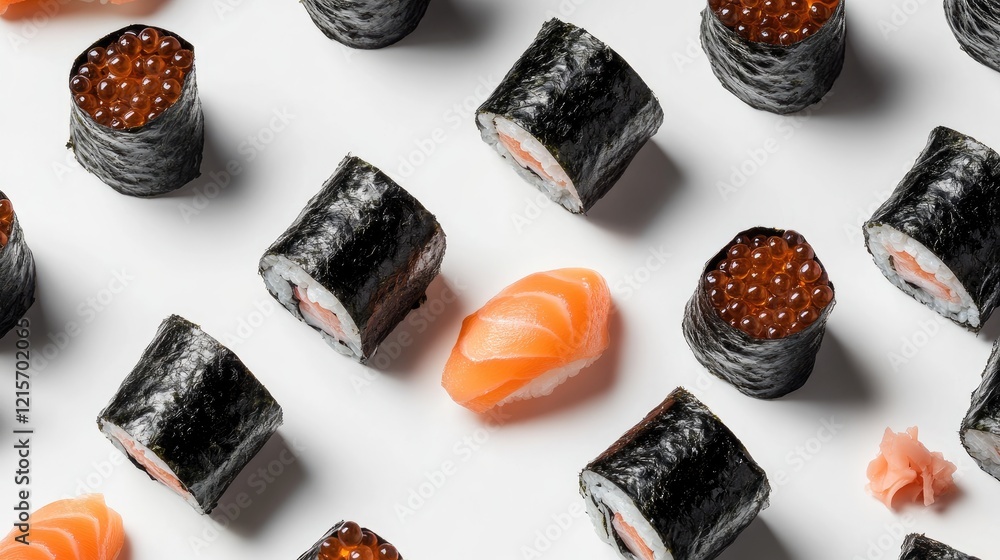 Poster sushi assortment on a white background featuring sushi rolls and salmon sashimi with copy space for 