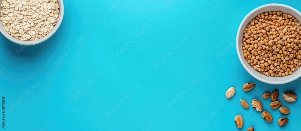 Poster bowls of grains including oats and yellow peas on a turquoise background with copy space for text or