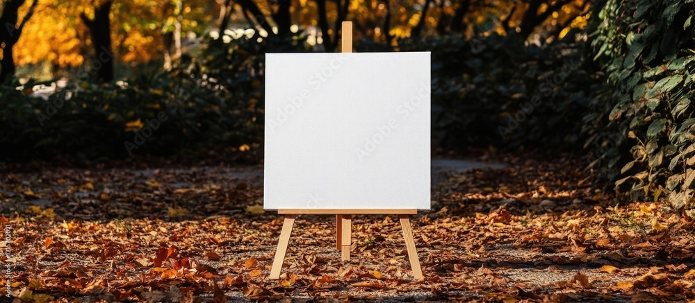 Poster blank canvas on easel surrounded by autumn leaves in a natural outdoor setting with copy space for t