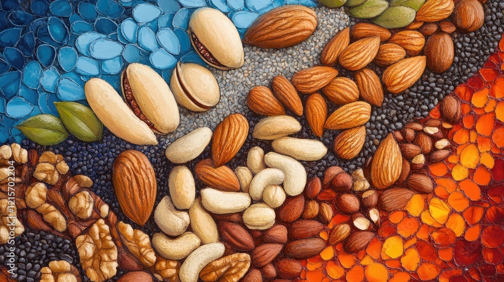 Poster colorful assortment of various nuts and seeds arranged artistically on a textured surface with copy 